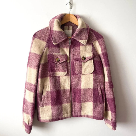 Avec Les Filles  Felted Plaid Check Zip Shacket Shirt Jacket Purple Cream Small - Picture 3 of 7